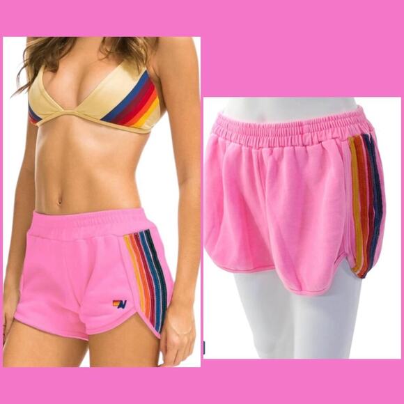 Aviator Nation Pants - Aviator Nation Pink 5 Stripe Classic Sweat Shorts Neon Rainbow Soft Lounge XL